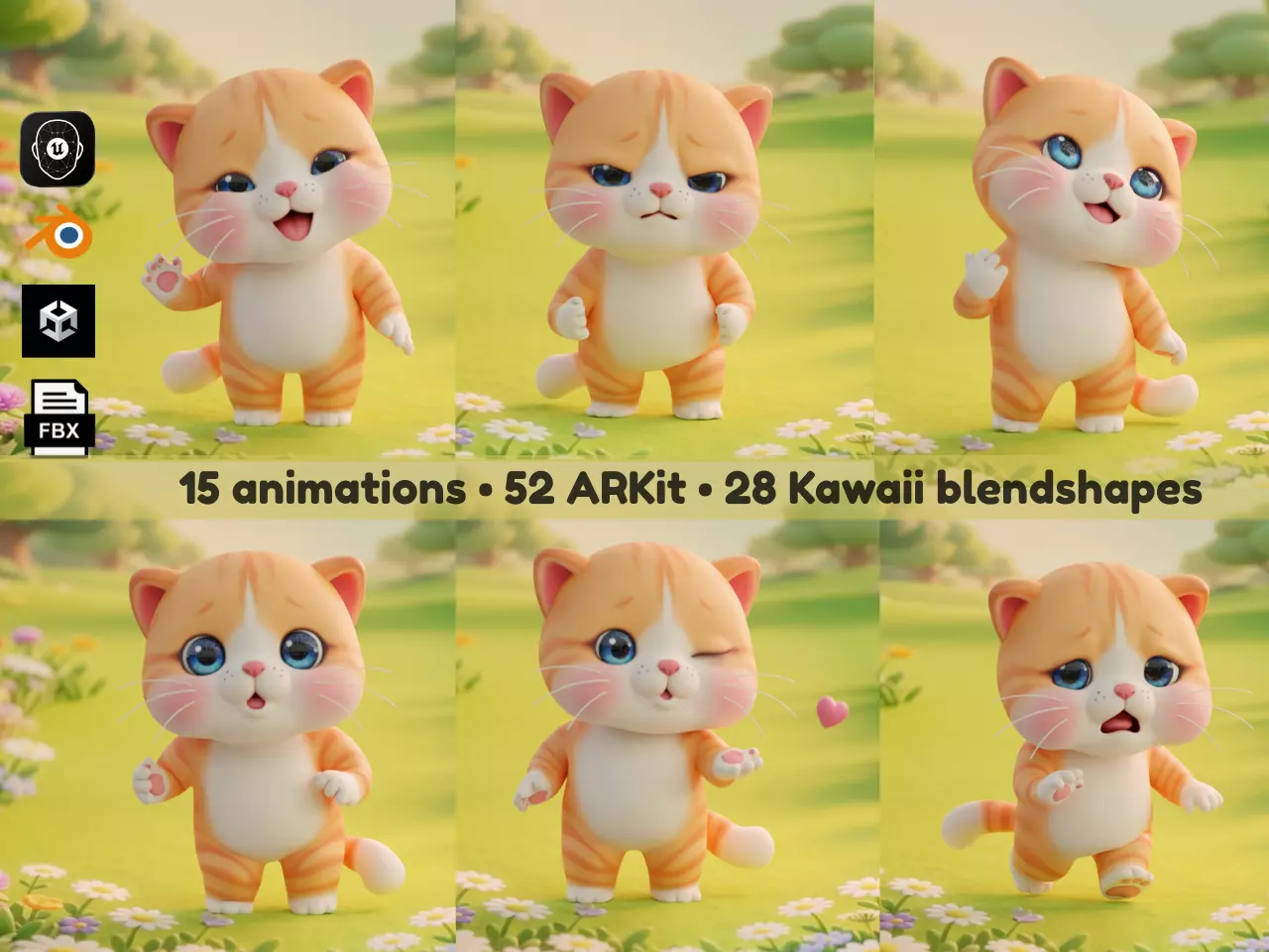 Cat Orange Rigged Animated 52 ARKit 28 Kawaii Blendshapes Low-poly 3D model