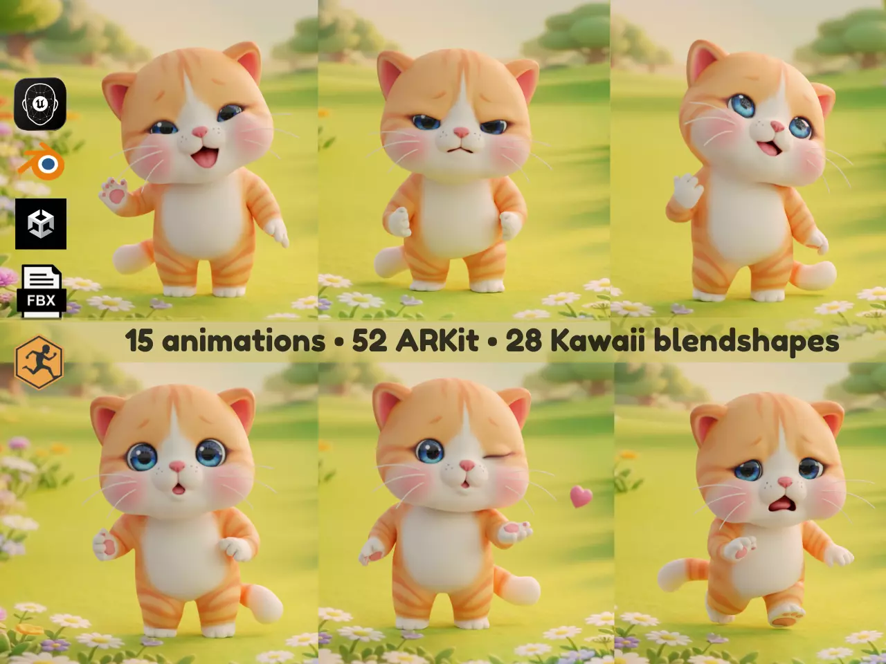 Cat Orange Rigged Animated 52 ARKit 28 Kawaii Blendshapes Low-poly 3D model