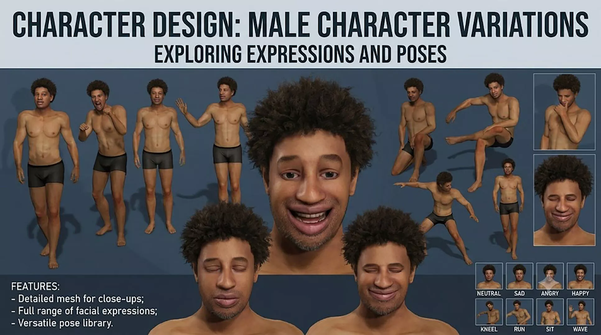 Realistic Curly Hair Black Male Fully Rigged Blendshapes 3D model