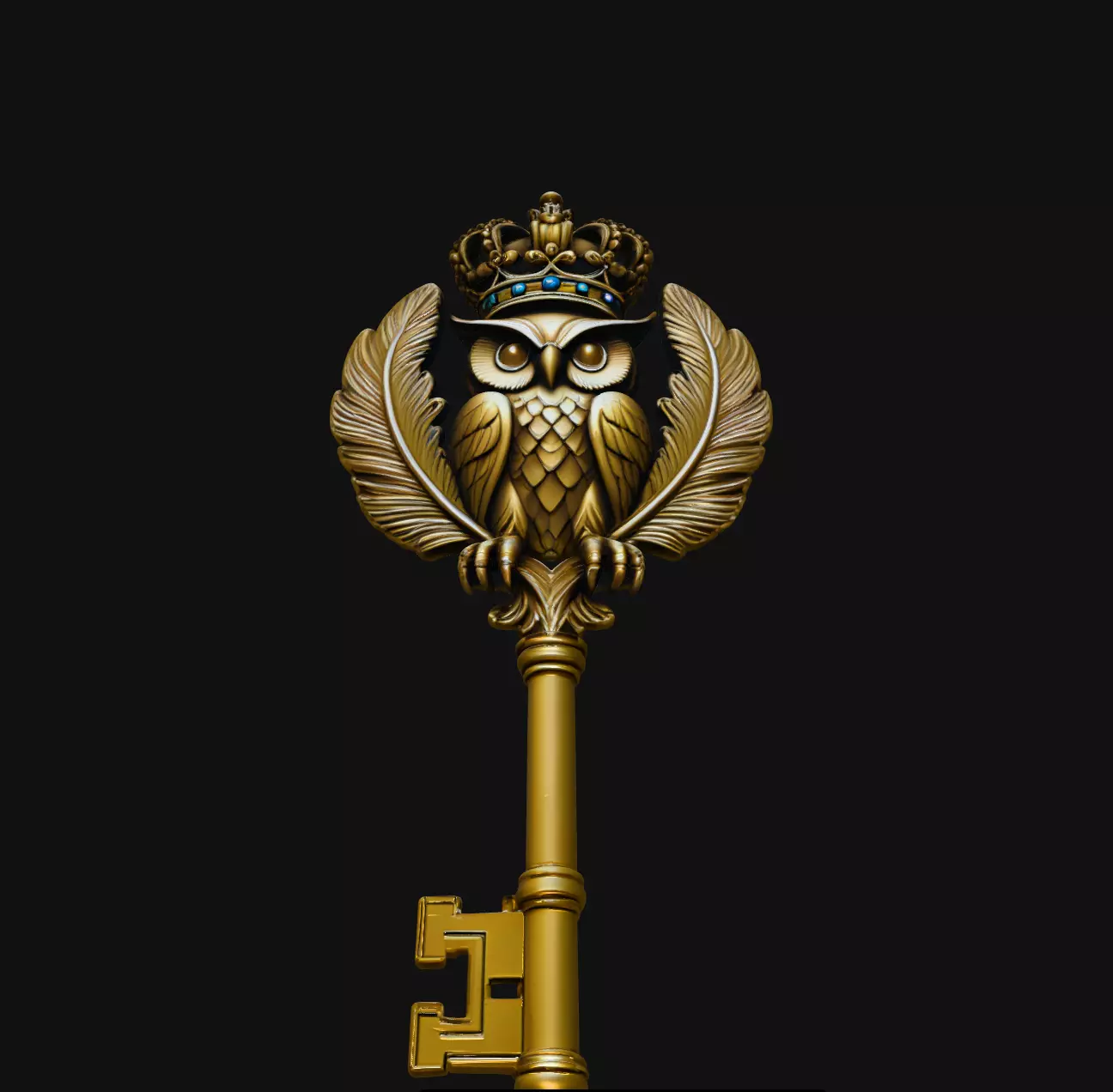 Crowned Owl Wings Gold Skeleton Key Pendant Jewelry 3D print model