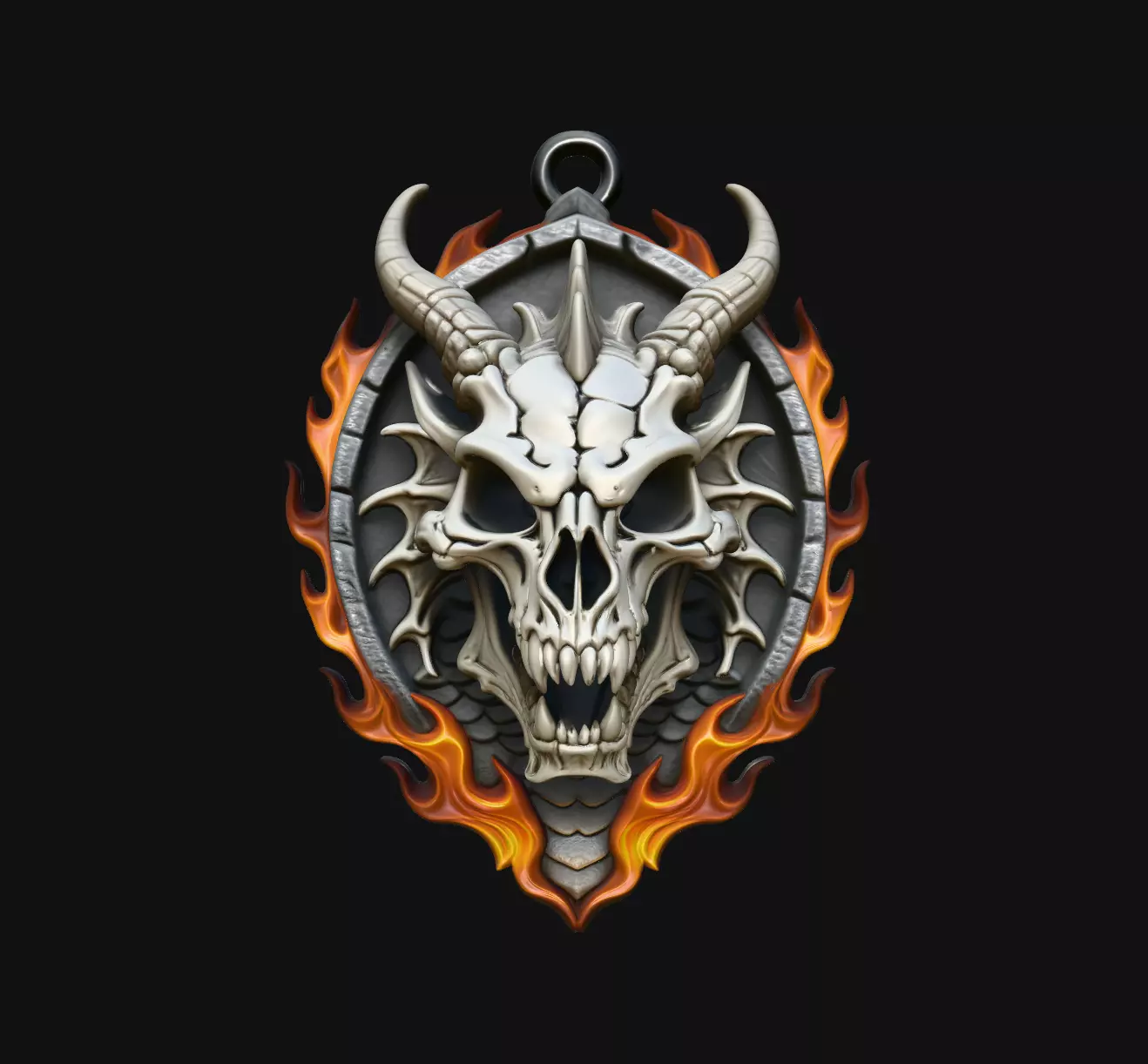 Horned Demon Skull Flame Medallion Pendant Jewelry Model 3D print model
