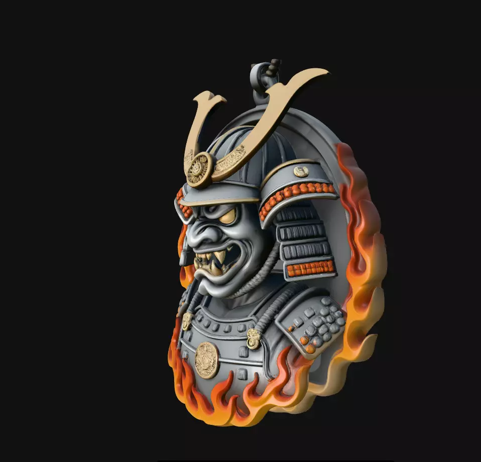 Samurai Helmet Mask Flame Medallion Pendant Jewelry Model 3D print model