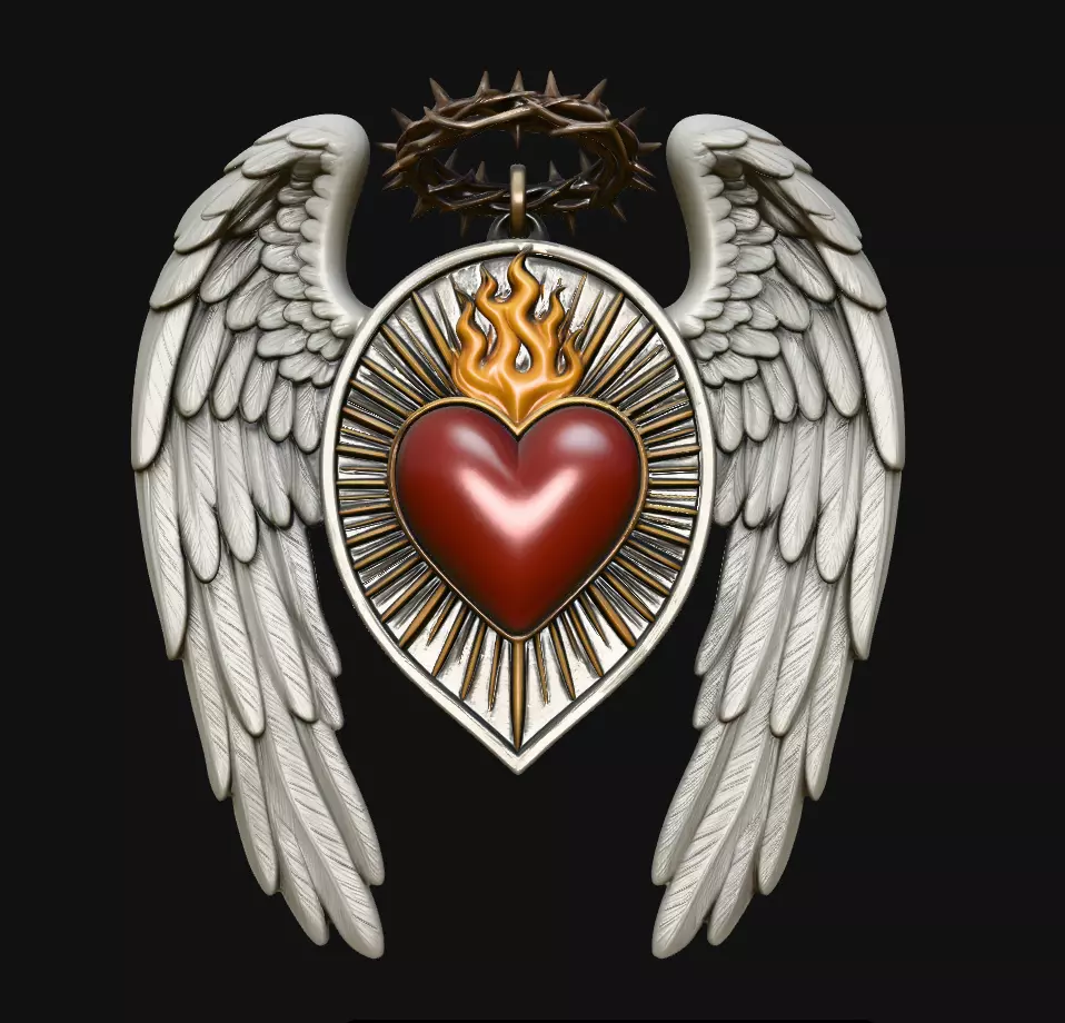 Sacred Heart Winged Flame Medallion Pendant Jewelry Model 3D print model
