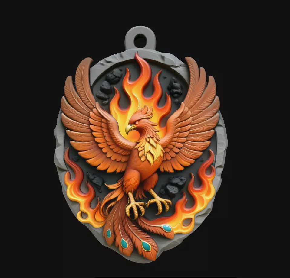 Flaming Phoenix Round Medallion Pendant Jewelry Model 3D print model