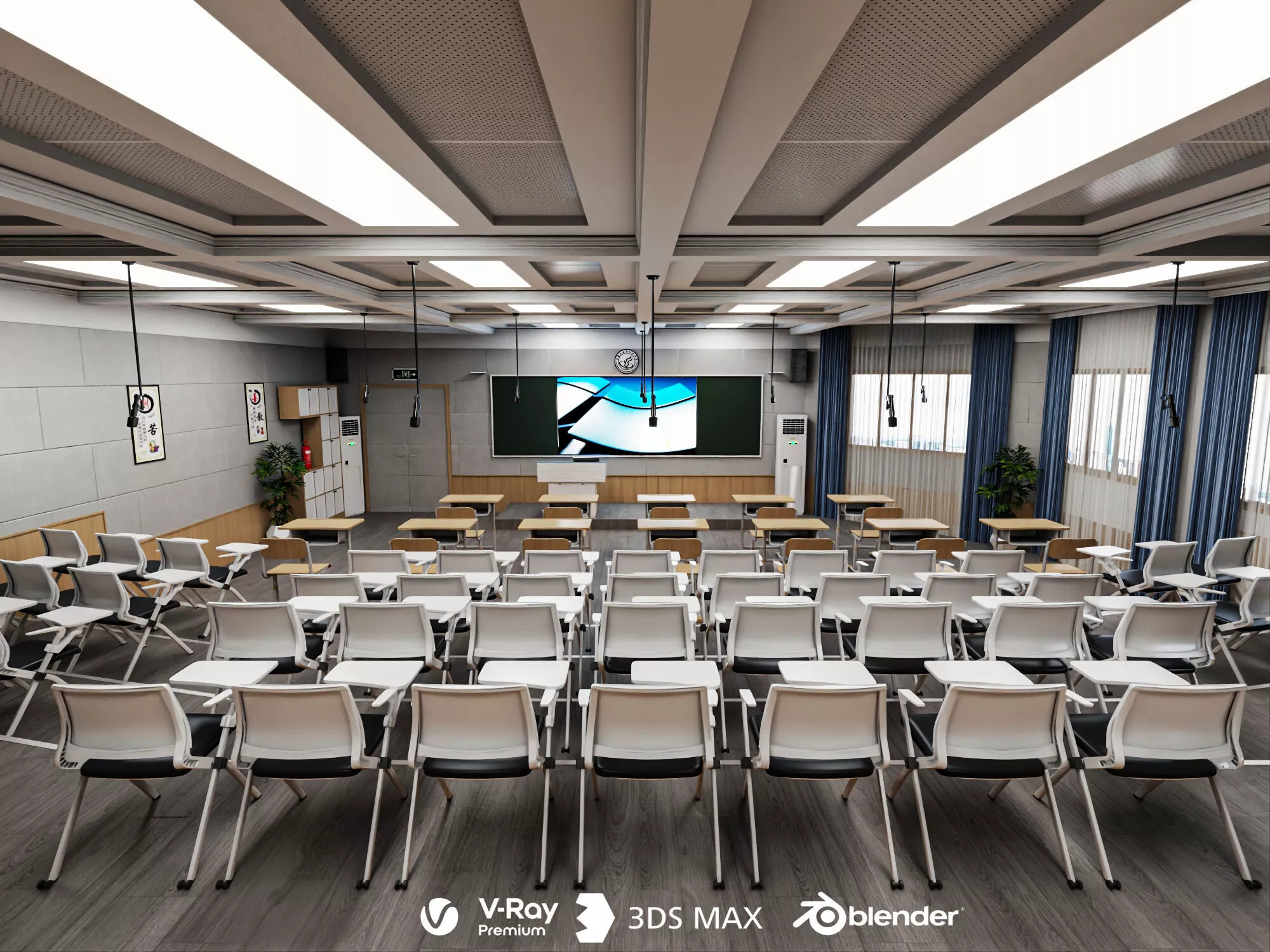 Modern multimedia lecture classroom full interior asset pack 3D model