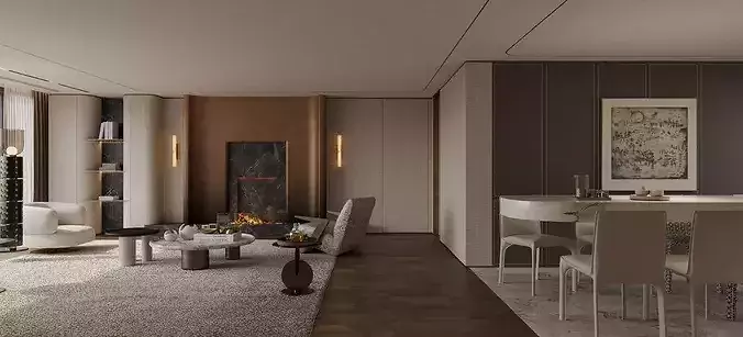 modern living room interior scenes Wabi-sabi villa living room 3D model