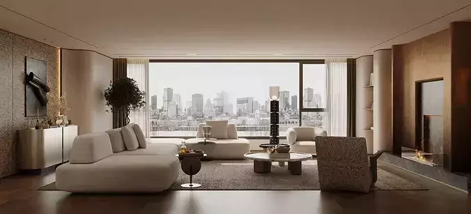 modern living room interior scenes Wabi-sabi villa living room 3D model 4