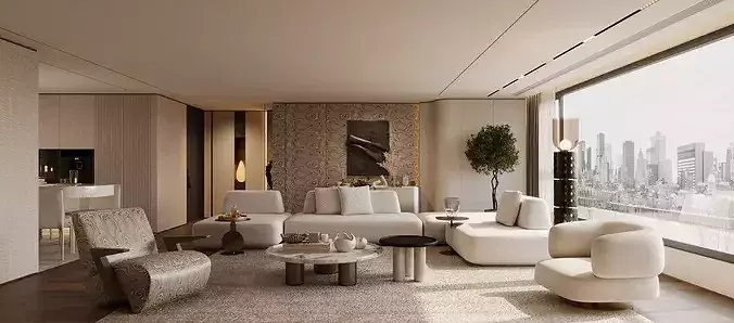 modern living room interior scenes Wabi-sabi villa living room 3D model 2