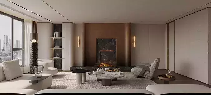 modern living room interior scenes Wabi-sabi villa living room 3D model 3
