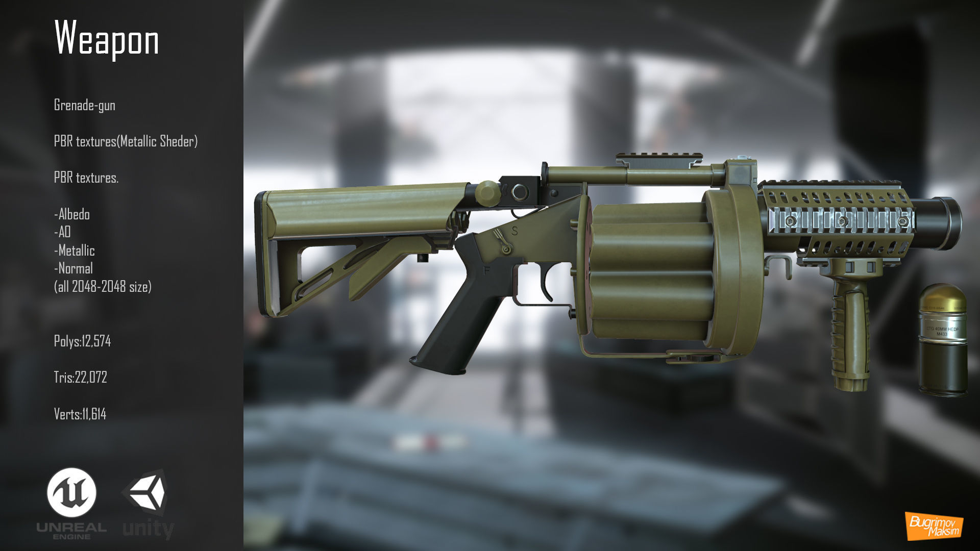 Grenade-gun PBR grenade launcher Low-poly 3D model_1