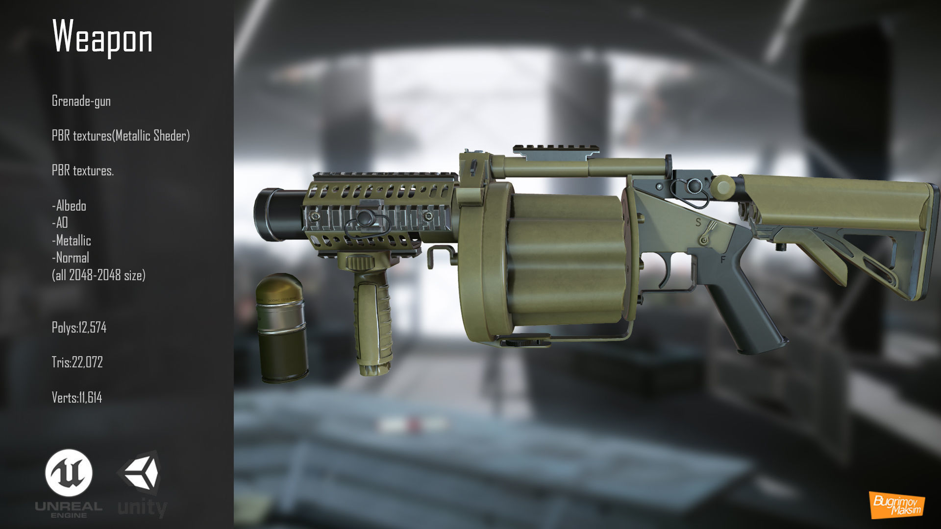 Grenade-gun PBR grenade launcher Low-poly 3D model_4