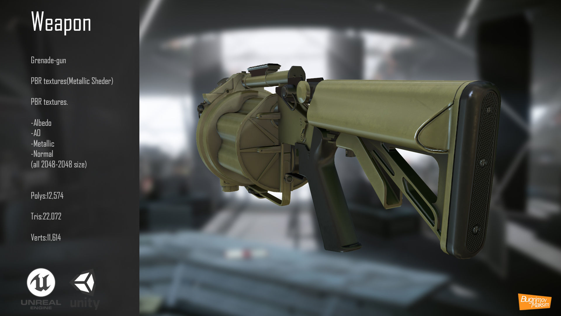 Grenade-gun PBR grenade launcher Low-poly 3D model_3