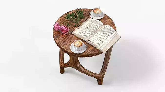 Warm Interior Scene with Wooden Table Book Coffee and Peonies 3D model 3