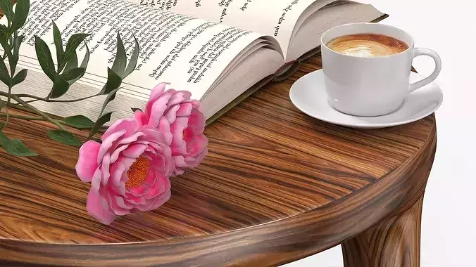 Warm Interior Scene with Wooden Table Book Coffee and Peonies 3D model 5