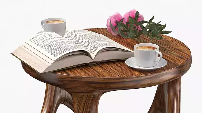 Warm Interior Scene with Wooden Table Book Coffee and Peonies 3D model 4