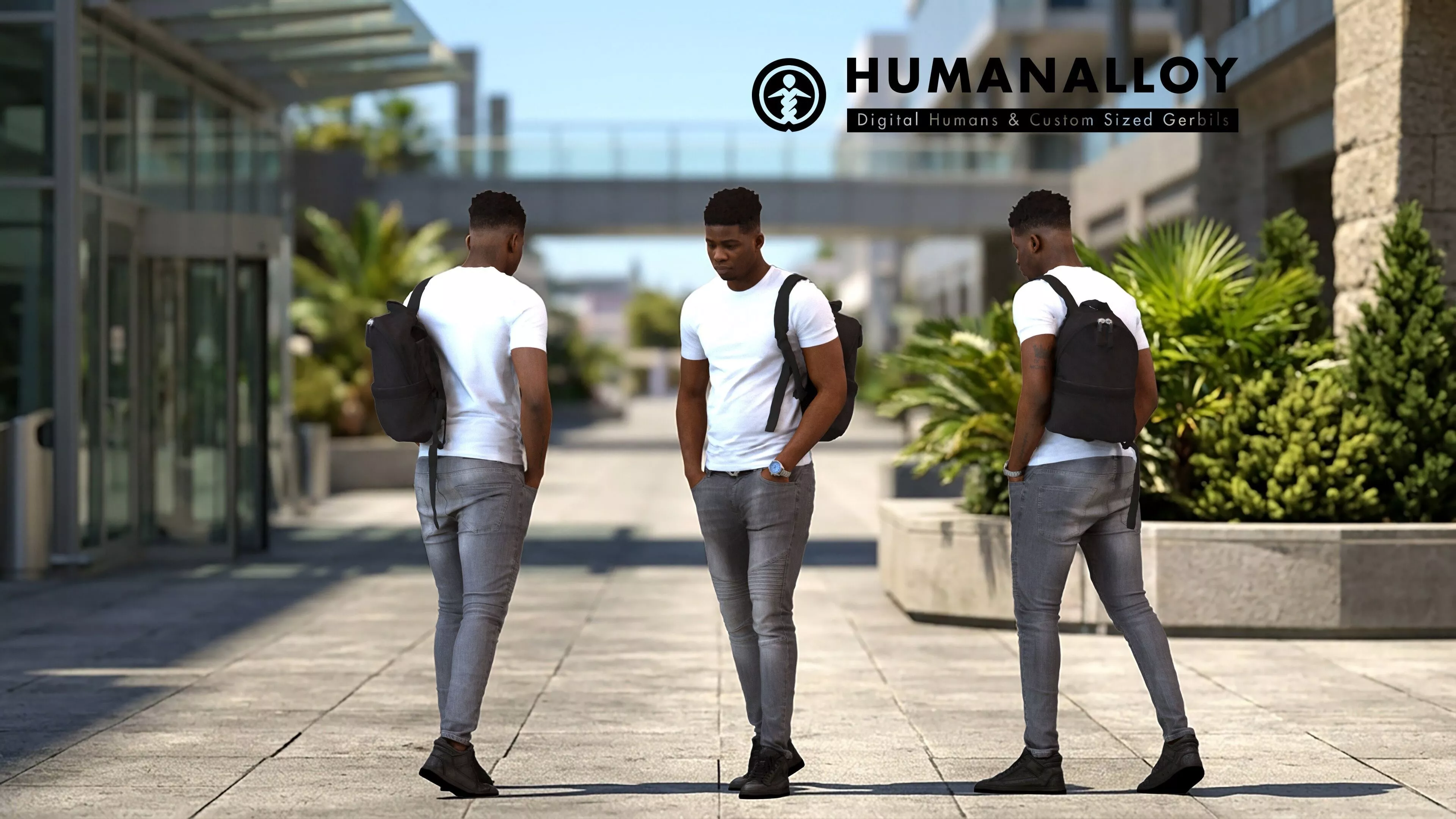 Adult Black male walking through public space carrying bag 3D model