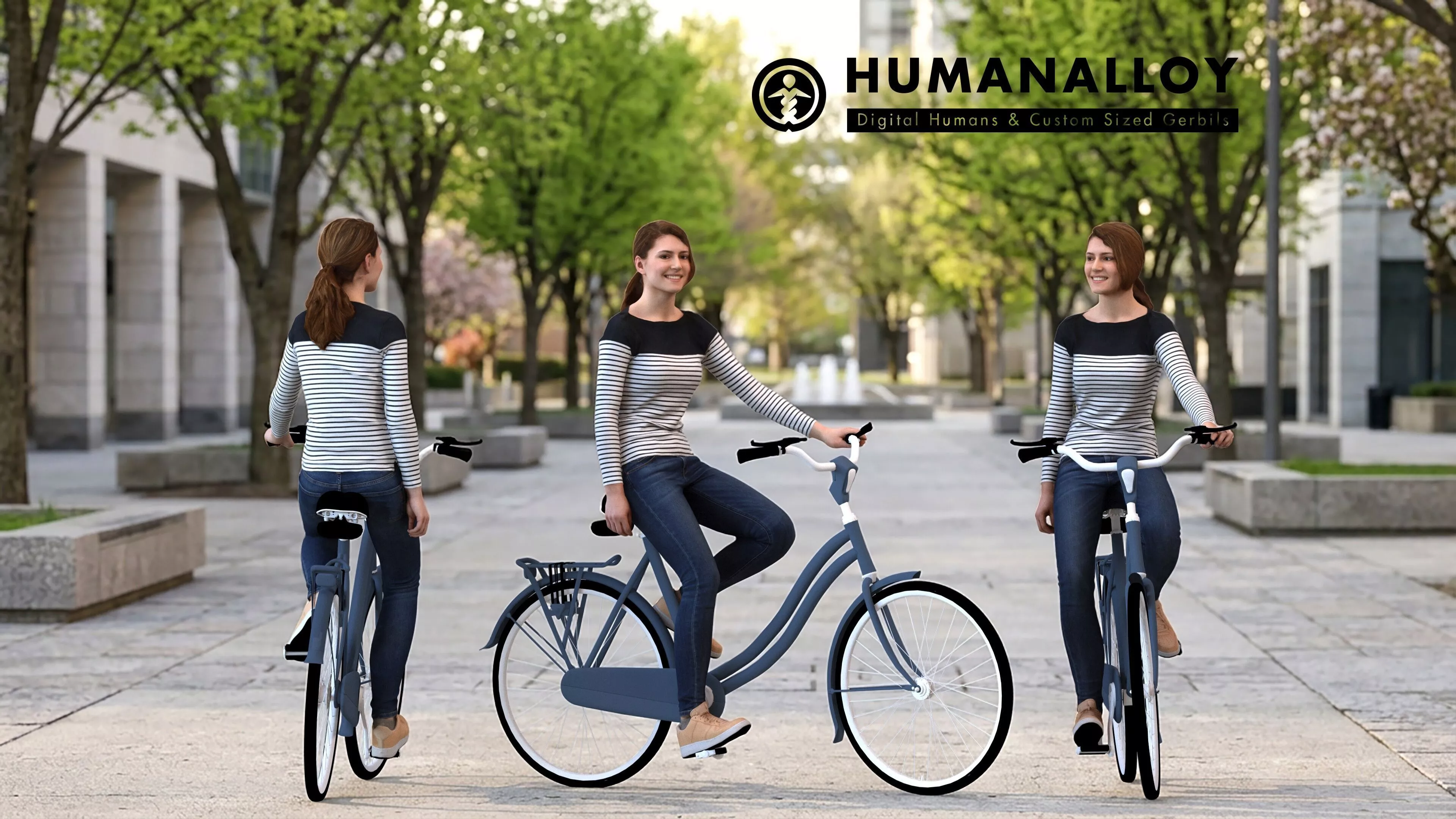 Adult Caucasian woman cycling through public space in 3D model