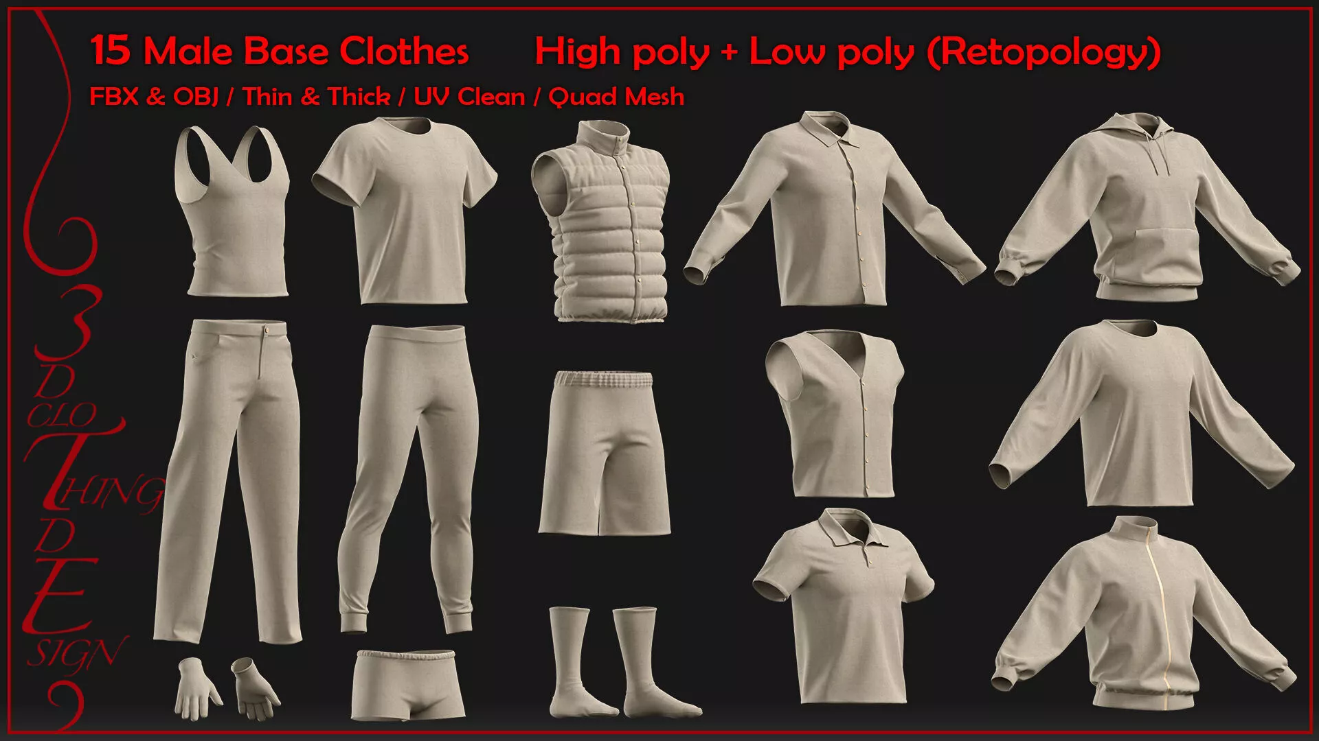 15 male base clothes with retopology and bake maps Low-poly 3D model