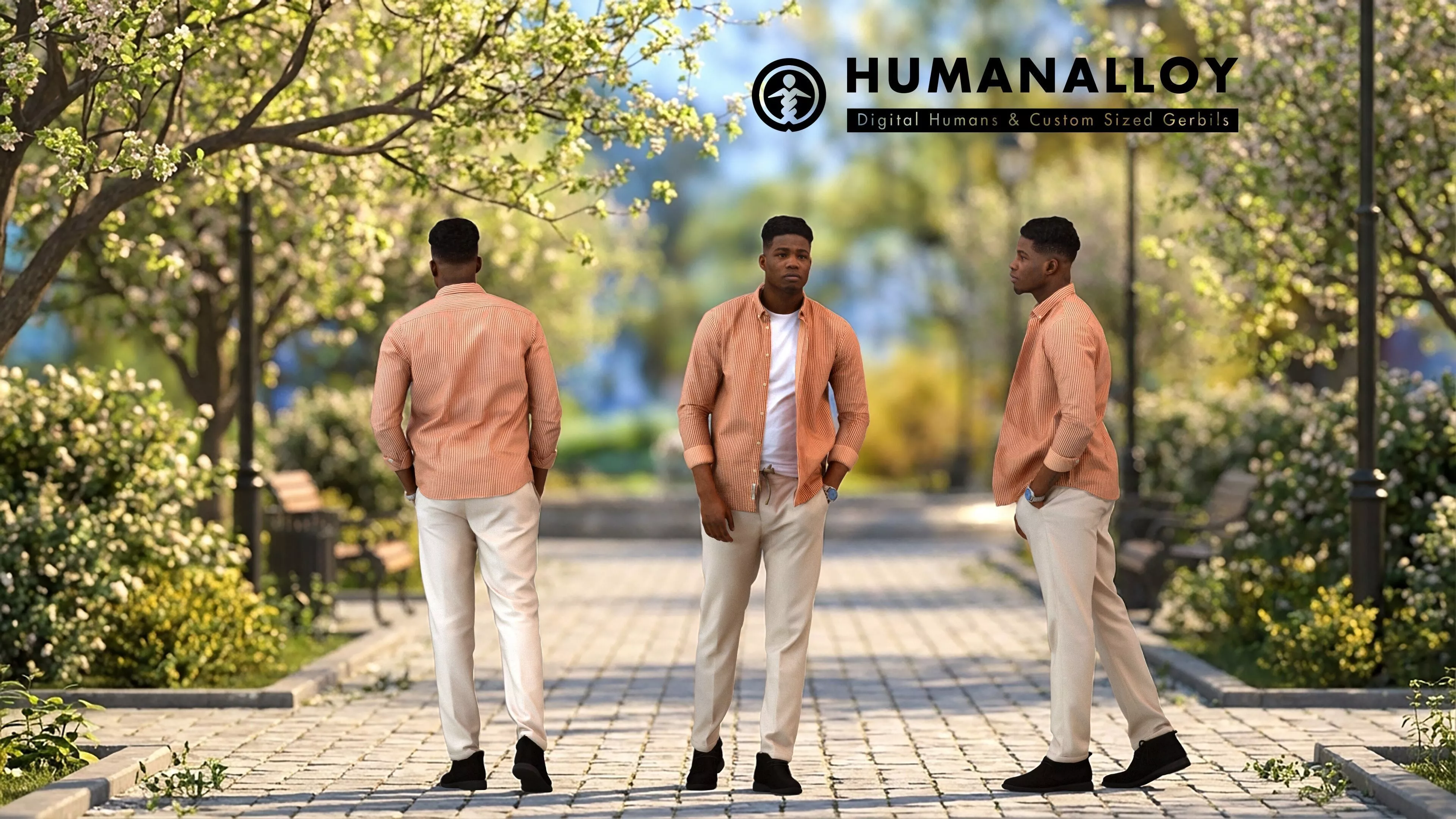 Adult Black male walking through public space in autumn or 3D model