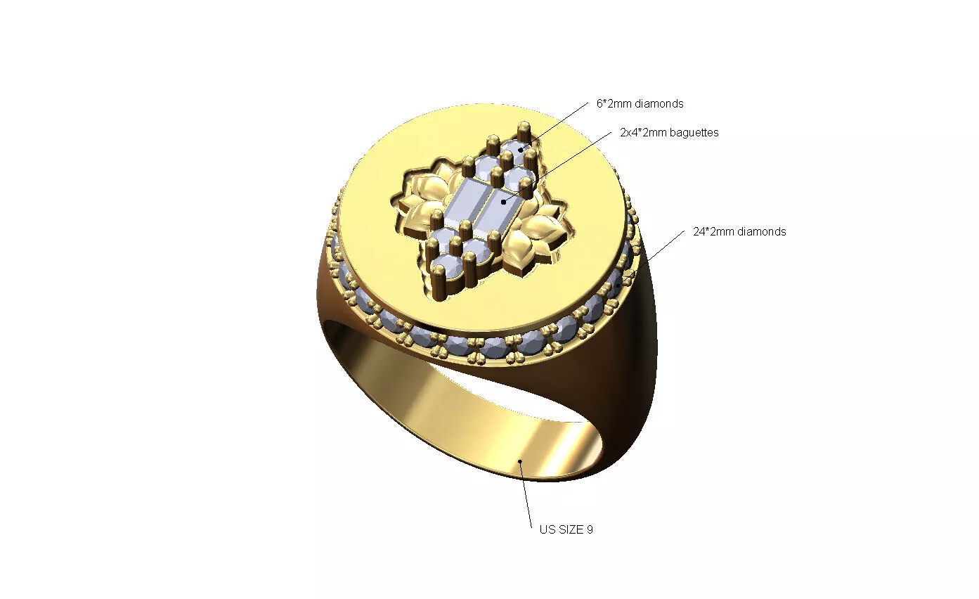 Diamond baguette beldi round signet ring US size 9 3D print model