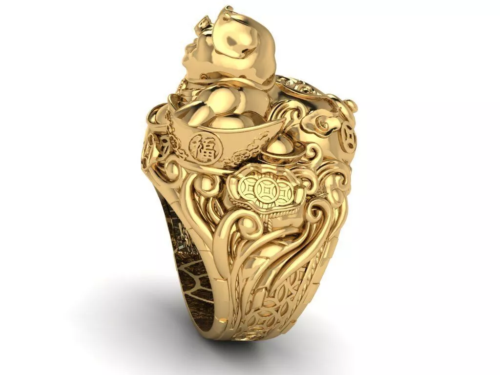 Gold Pig Wealth Ring Feng Shui Lucky Jewelry Design 3D print model