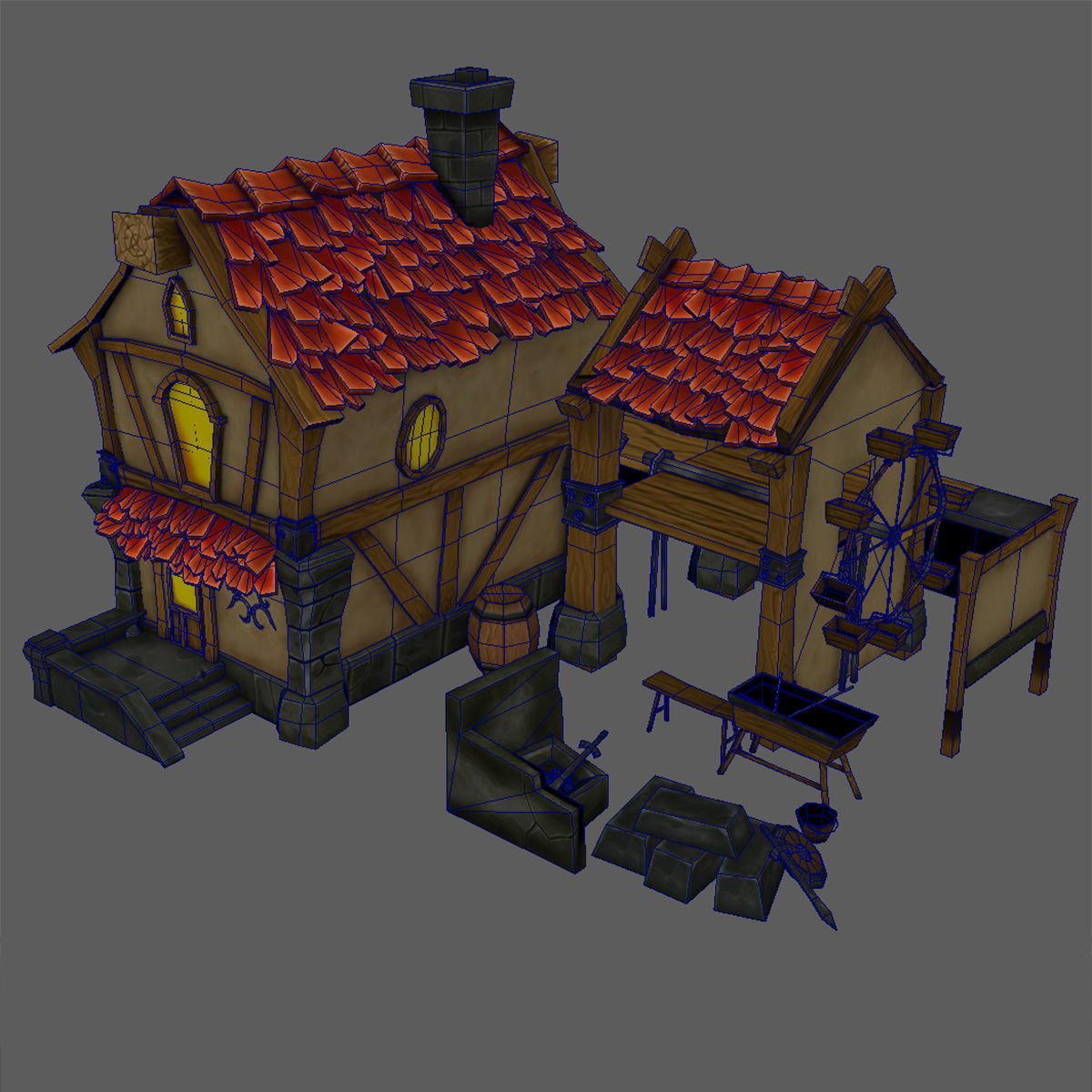 house with fireplace and chimney Low-poly 3D model_8