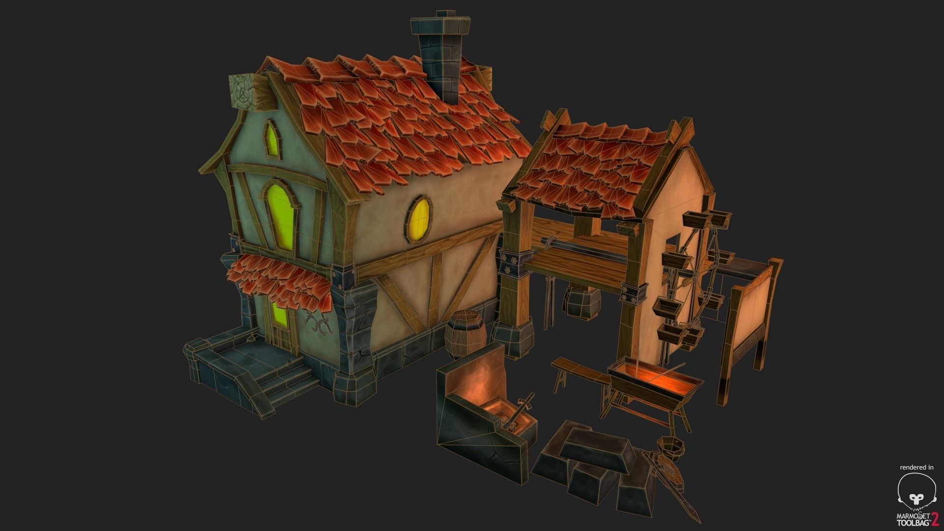 house with fireplace and chimney Low-poly 3D model_12