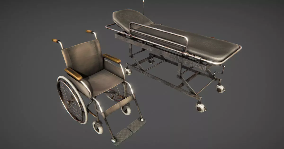 Hospital wheelchair and gurney Low-poly 3D model_0