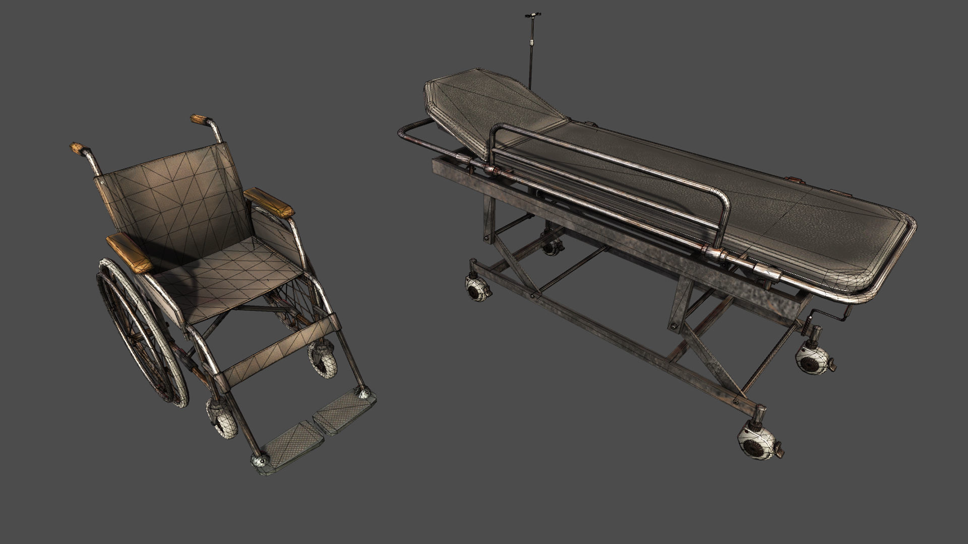 Hospital wheelchair and gurney Low-poly 3D model_3