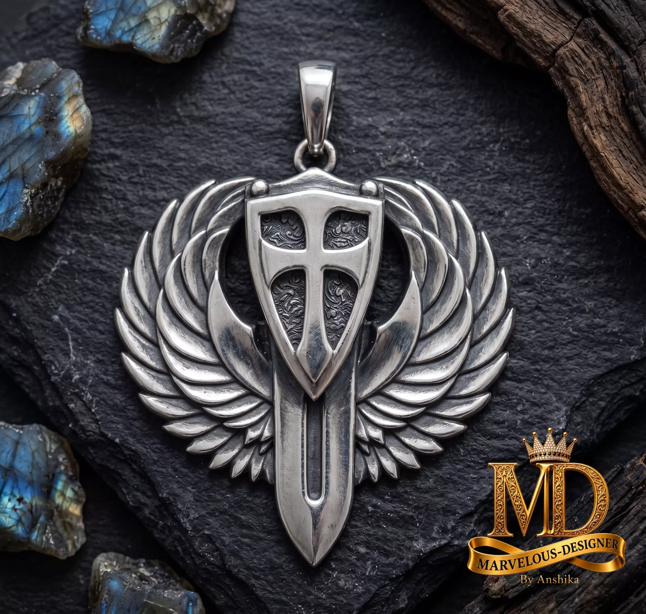Medieval Cross Knight Shield and Sword Pendant 3D print model