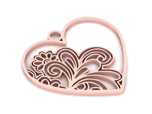 Pendant gold heart with floral design 3D print model_1