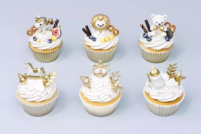 gold series birth gift cupcake cake baked 3D model