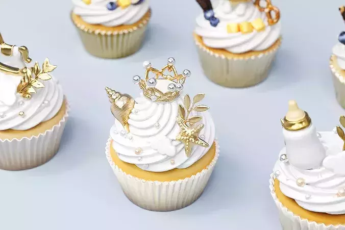 gold series birth gift cupcake cake baked 3D model 3
