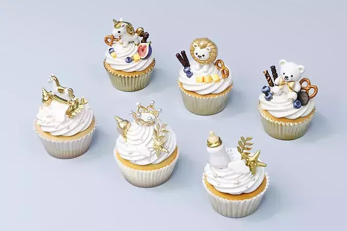 gold series birth gift cupcake cake baked 3D model 2