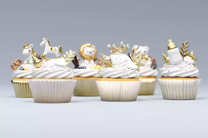 gold series birth gift cupcake cake baked 3D model 5