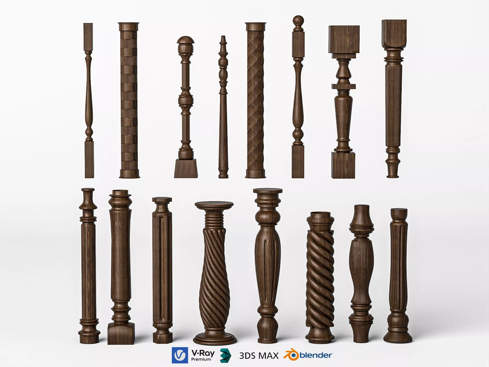 European carved wooden spindle stair handrail post model set 3D model