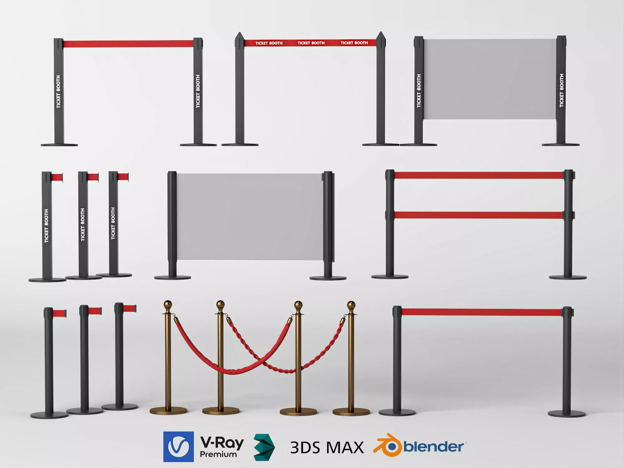 Exhibition venue crowd control isolation rail prop asset pack 3D model