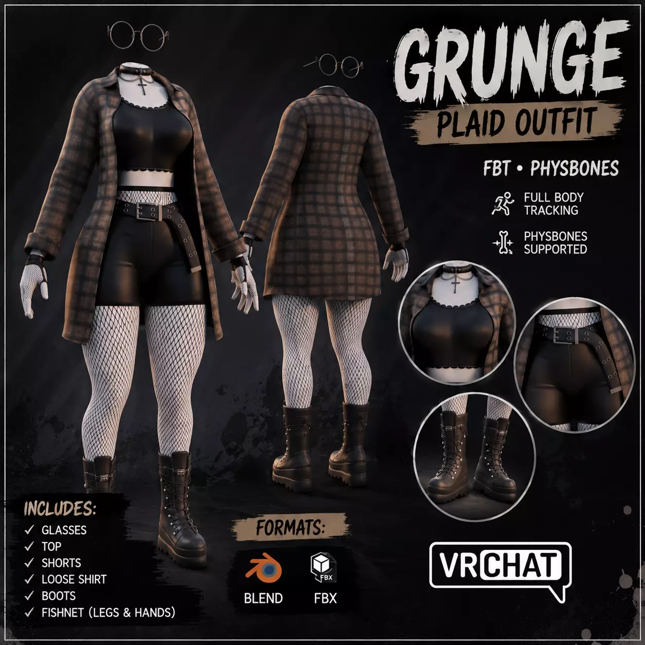 Grunge Plaid Outfit VRChat Ready Avatar Clothing Low-poly 3D model