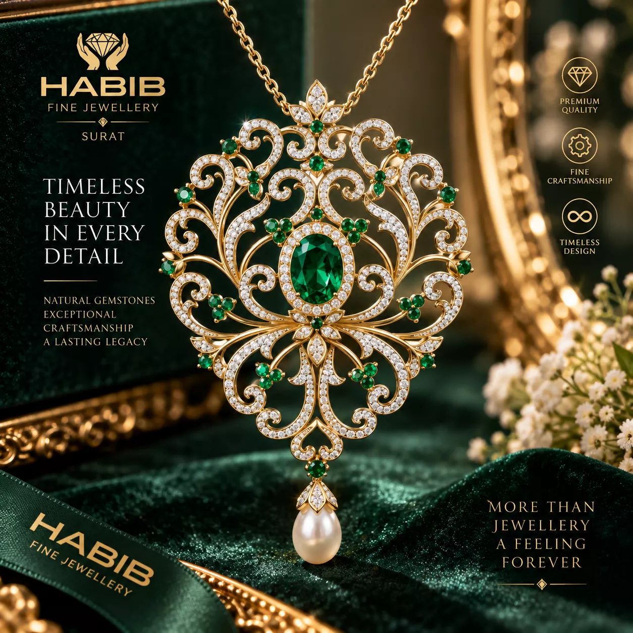Luxury Emerald Diamond Jewelry Ornate Gold Statement Pendant 3D print model