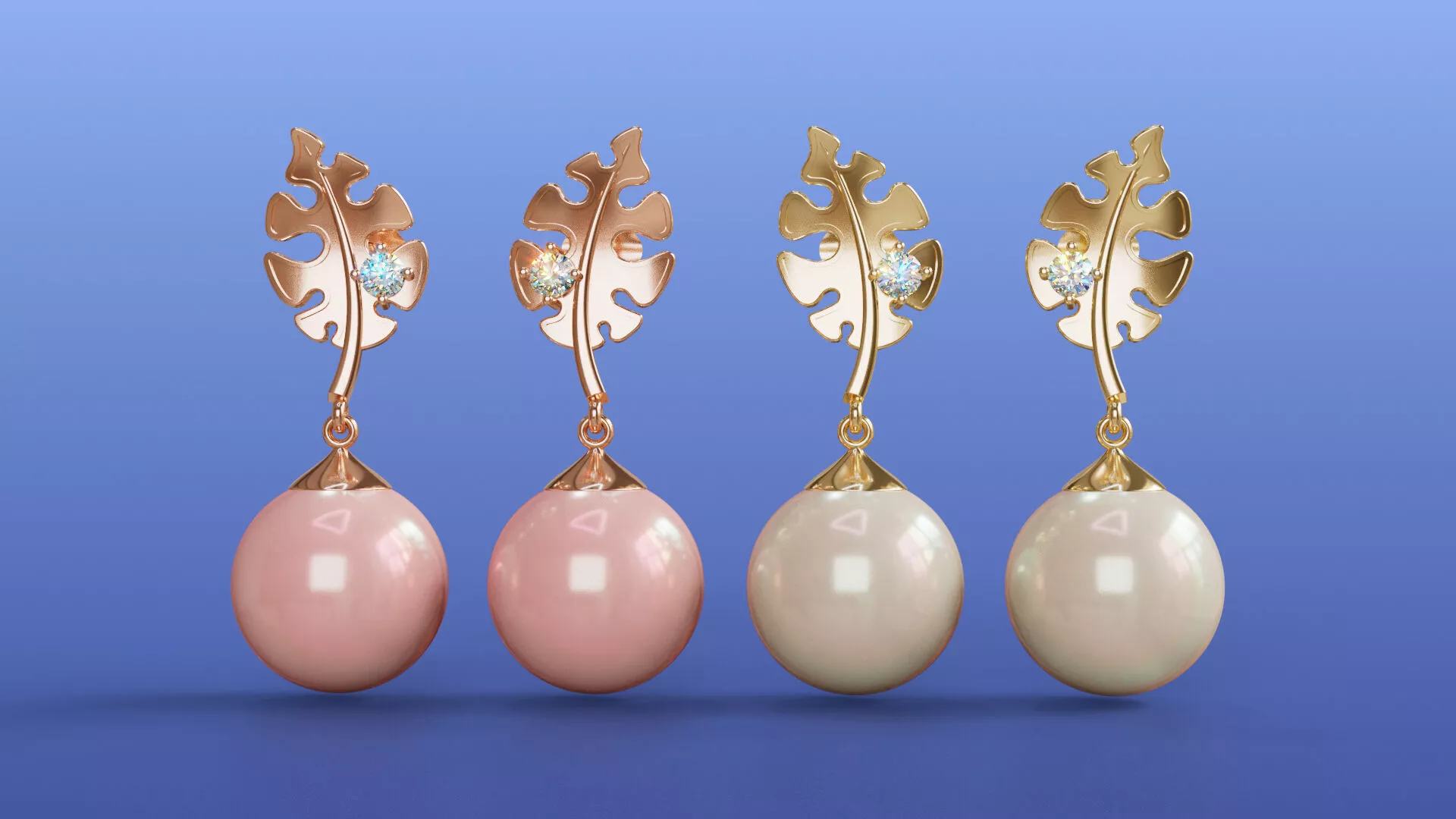 Monstera Leaf Pearl Diamond Drop Earrings Jewelry Design 3D print model