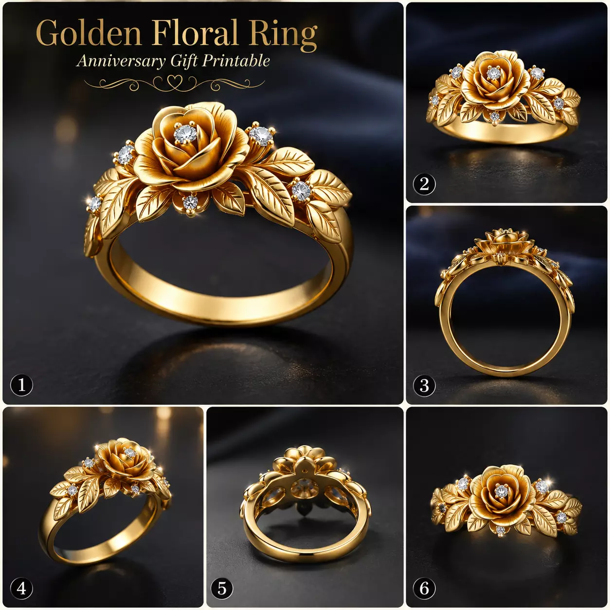 Golden Floral Anniversary Gift Printable Luxury Gold Rose Ring 3D print model
