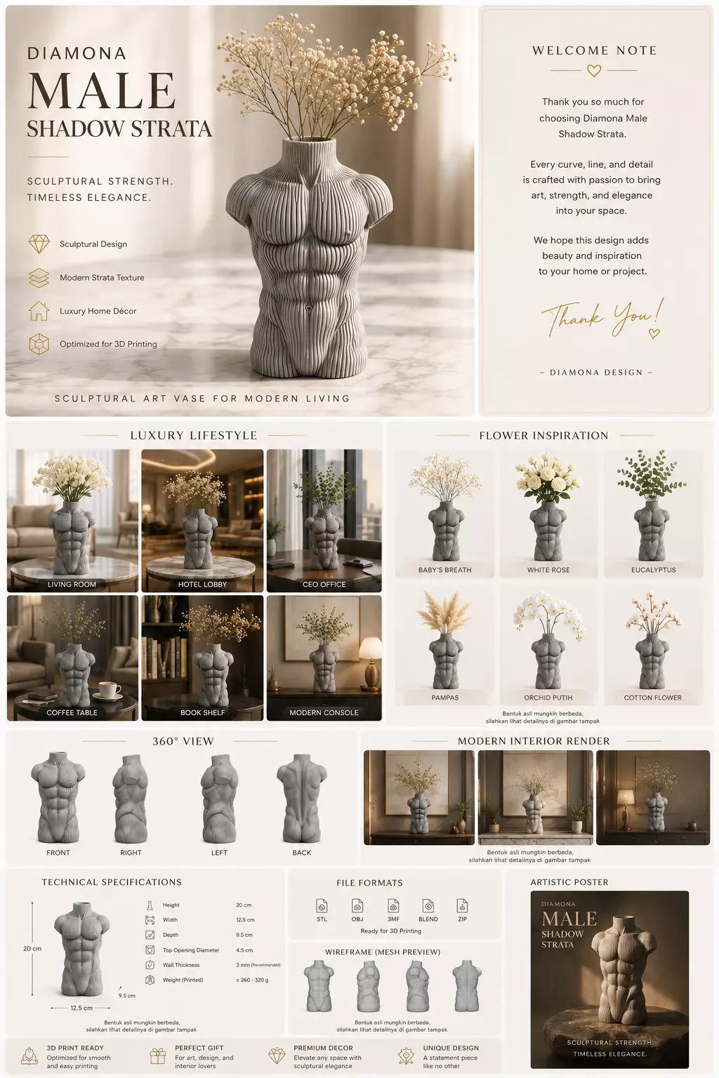 Diamona Male Shadow Strata Modern Male Vase for 3D Printing 3D print model