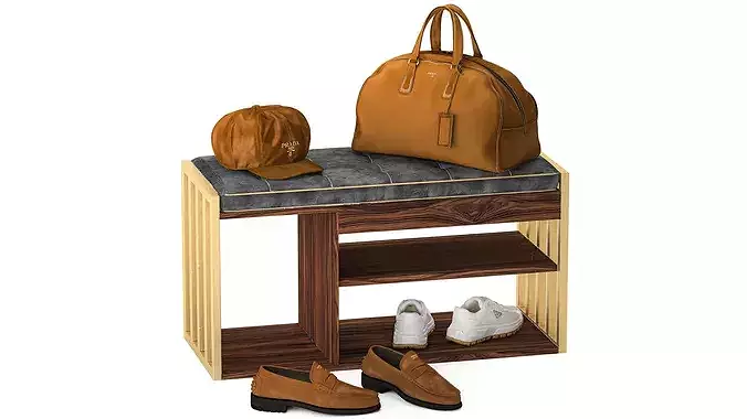 Bench shoes rack sneakers hat bag wardrobe set top 3D model 5