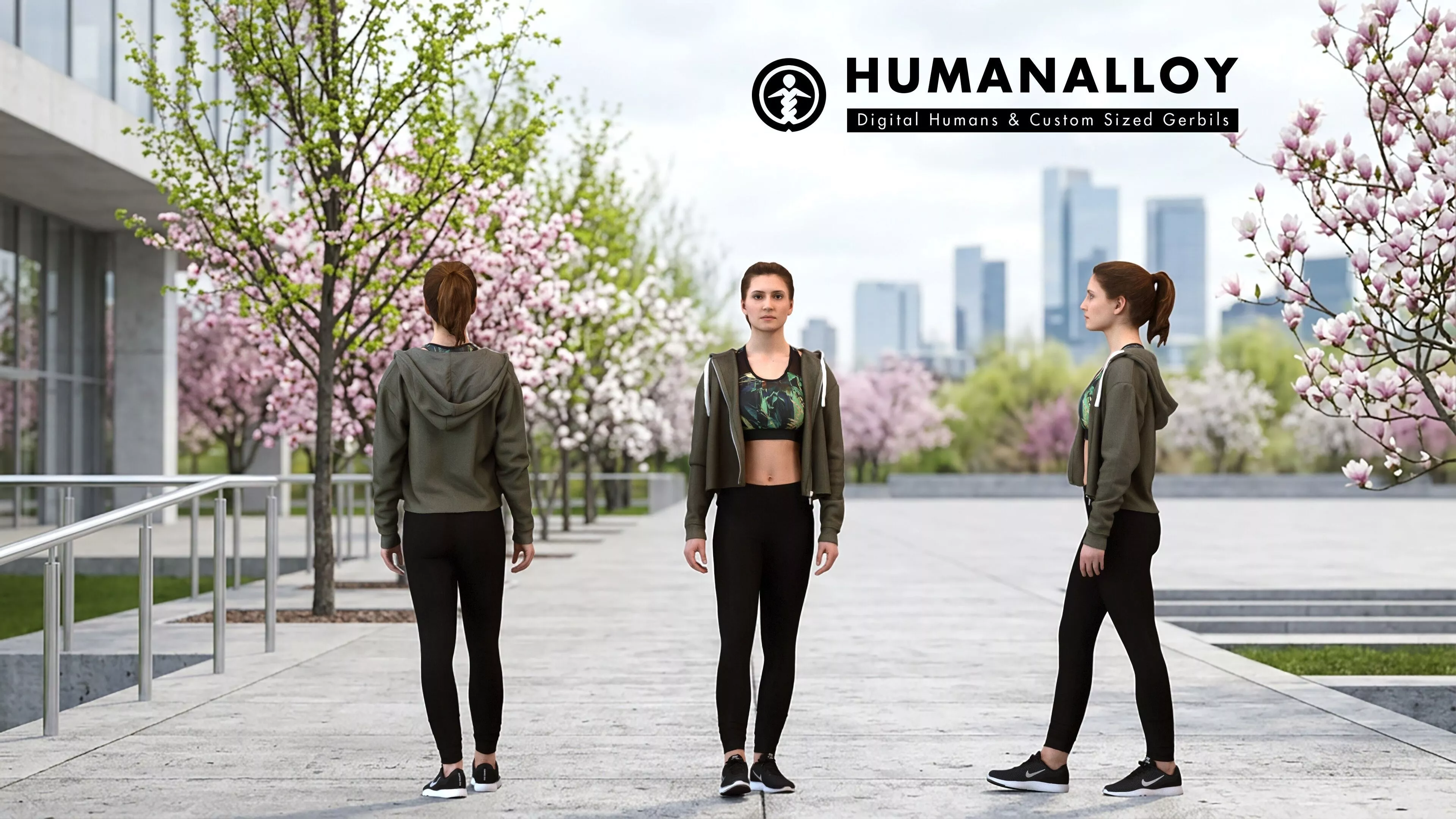 Adult Caucasian woman exercising outdoors in transitional 3D model