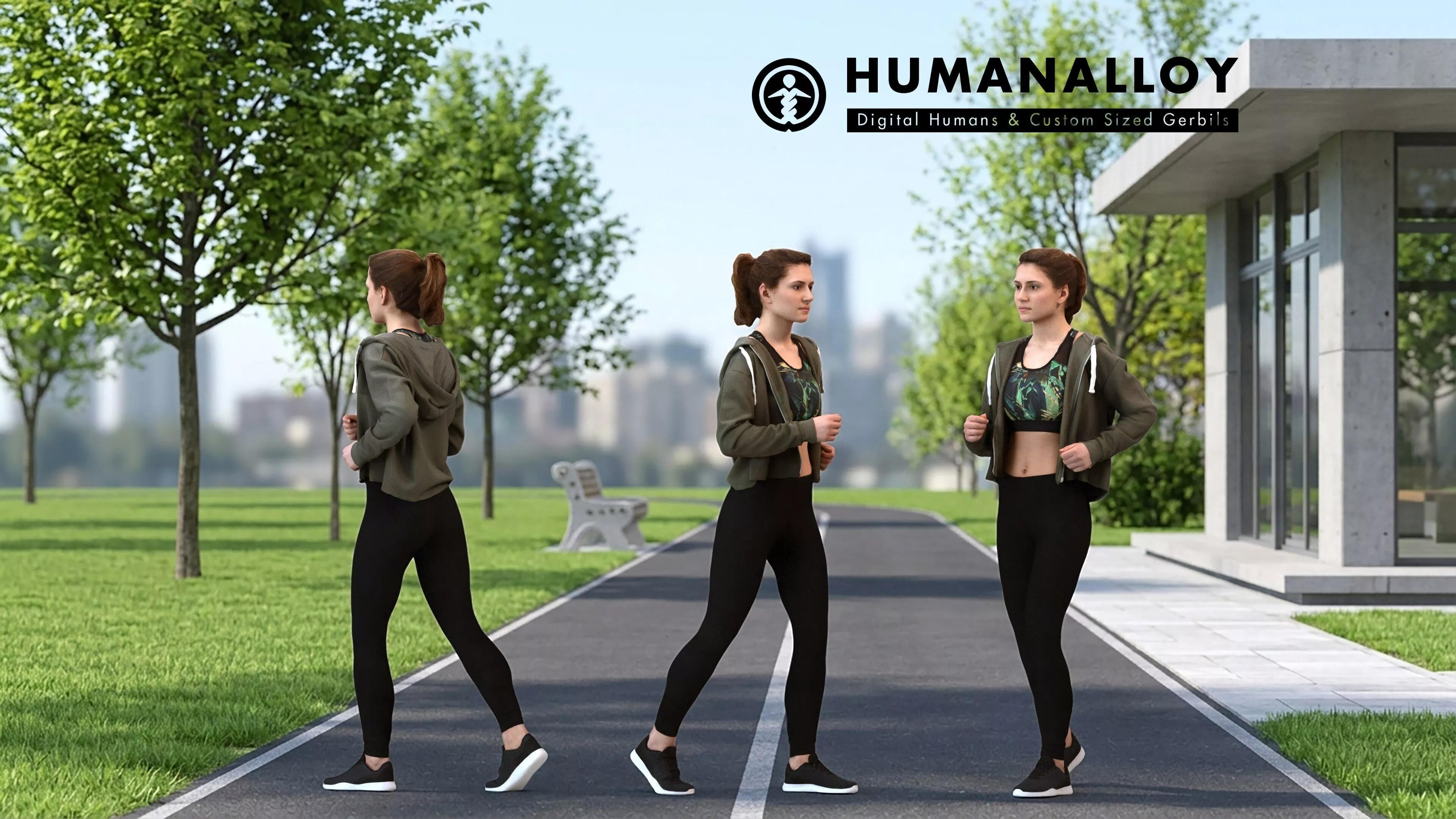 Adult Caucasian woman running in transitional seasonal 3D model