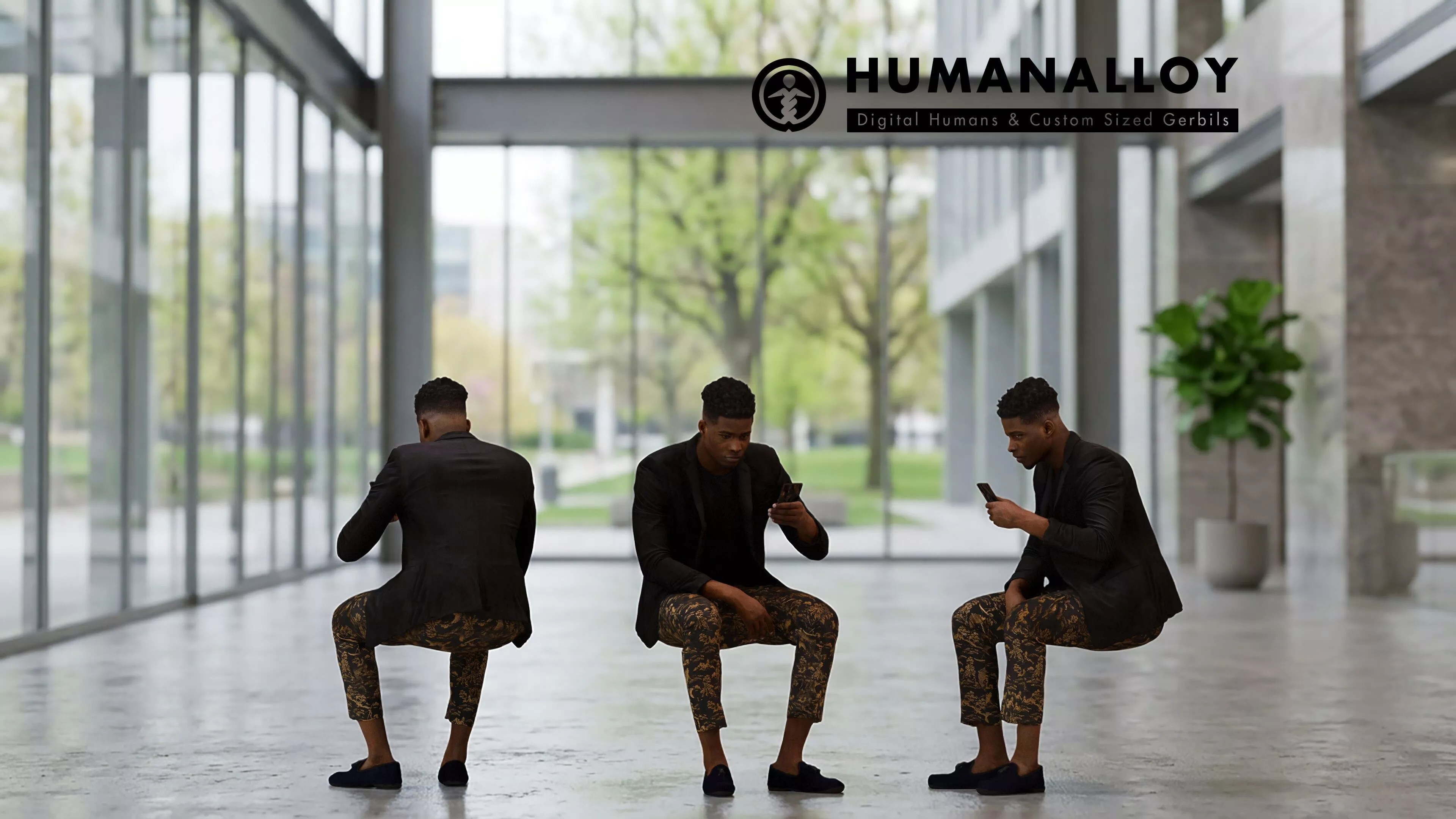 Adult Black male sitting with smartphone in transitional 3D model