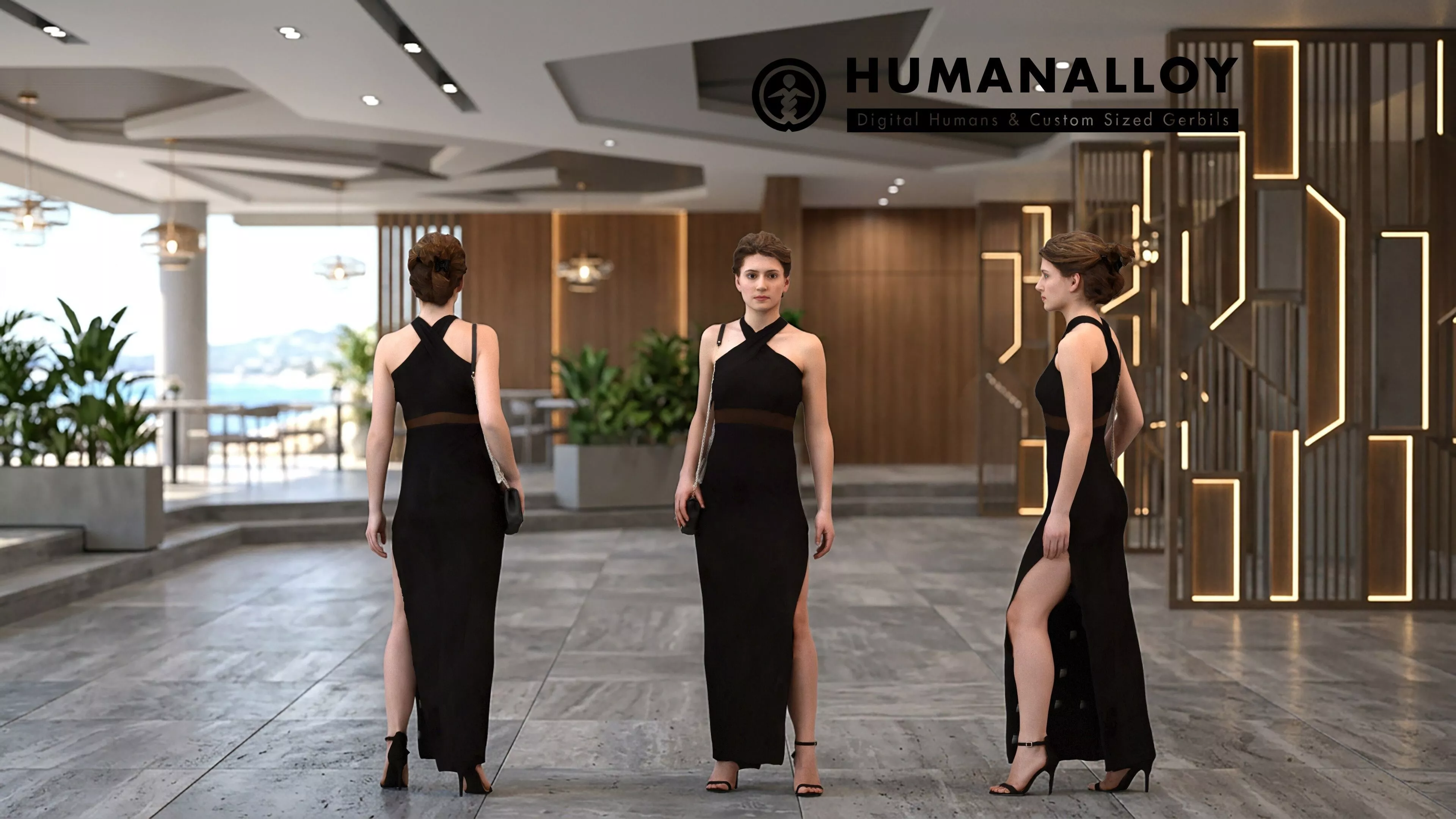Adult Caucasian woman waiting in restaurant setting with bag 3D model