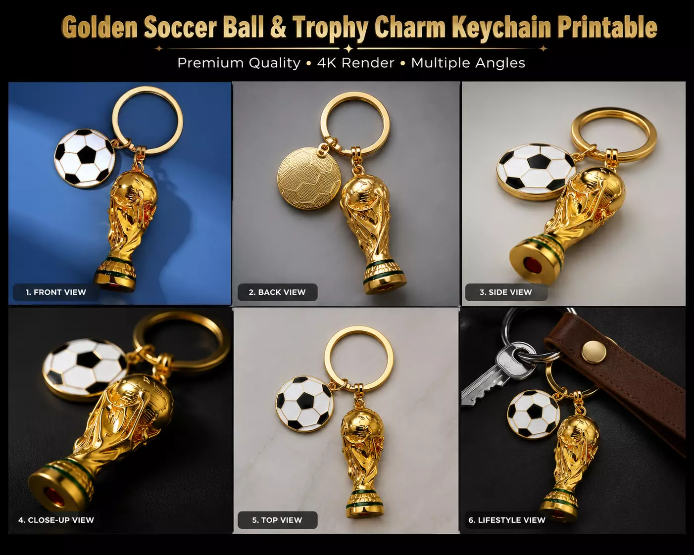 Golden Soccer Ball and Trophy Charm Keychain Printable 3D print model