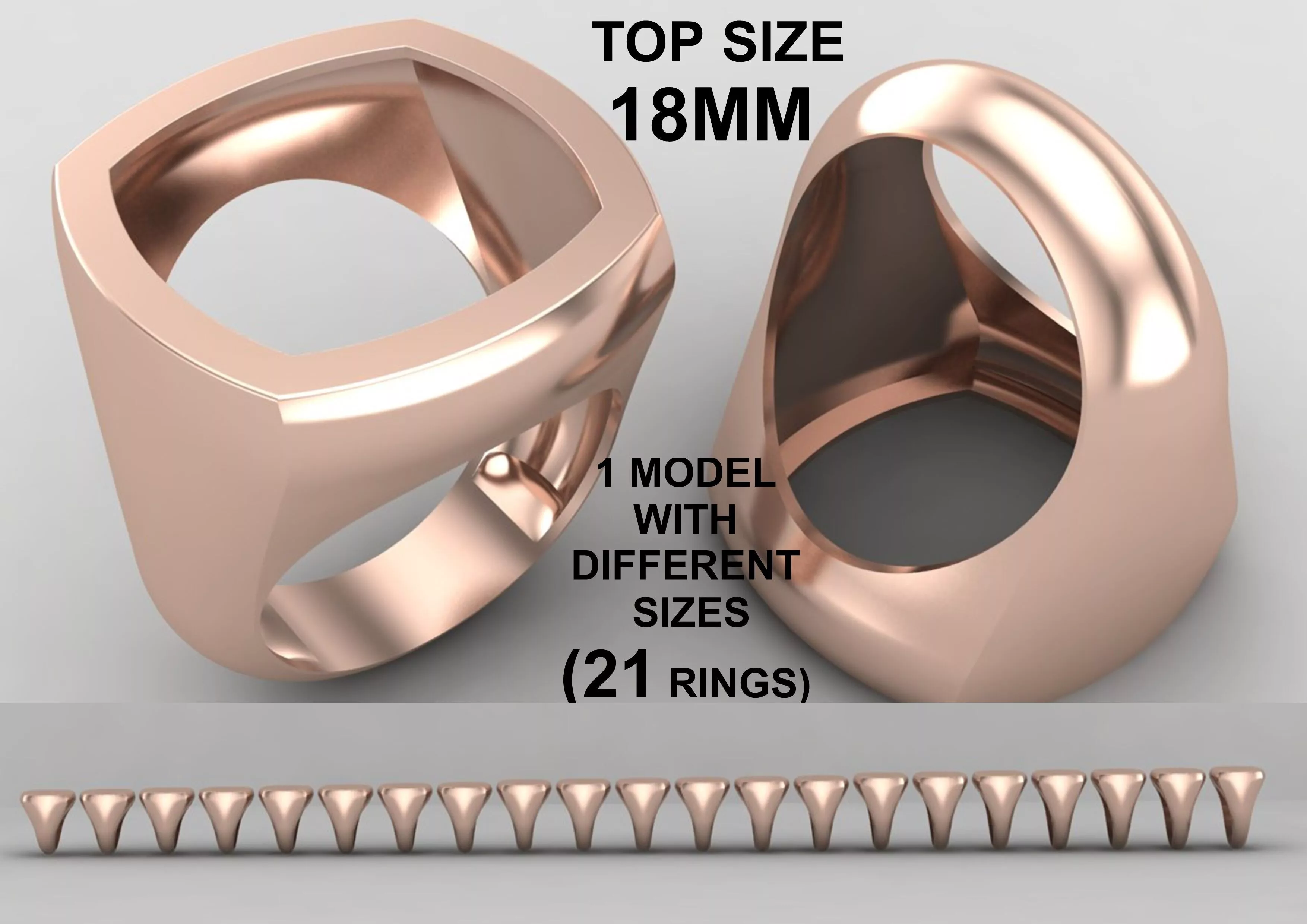 cushion square Signet Ring Base 18 MM top in All sizes 298-MWC 3D print model