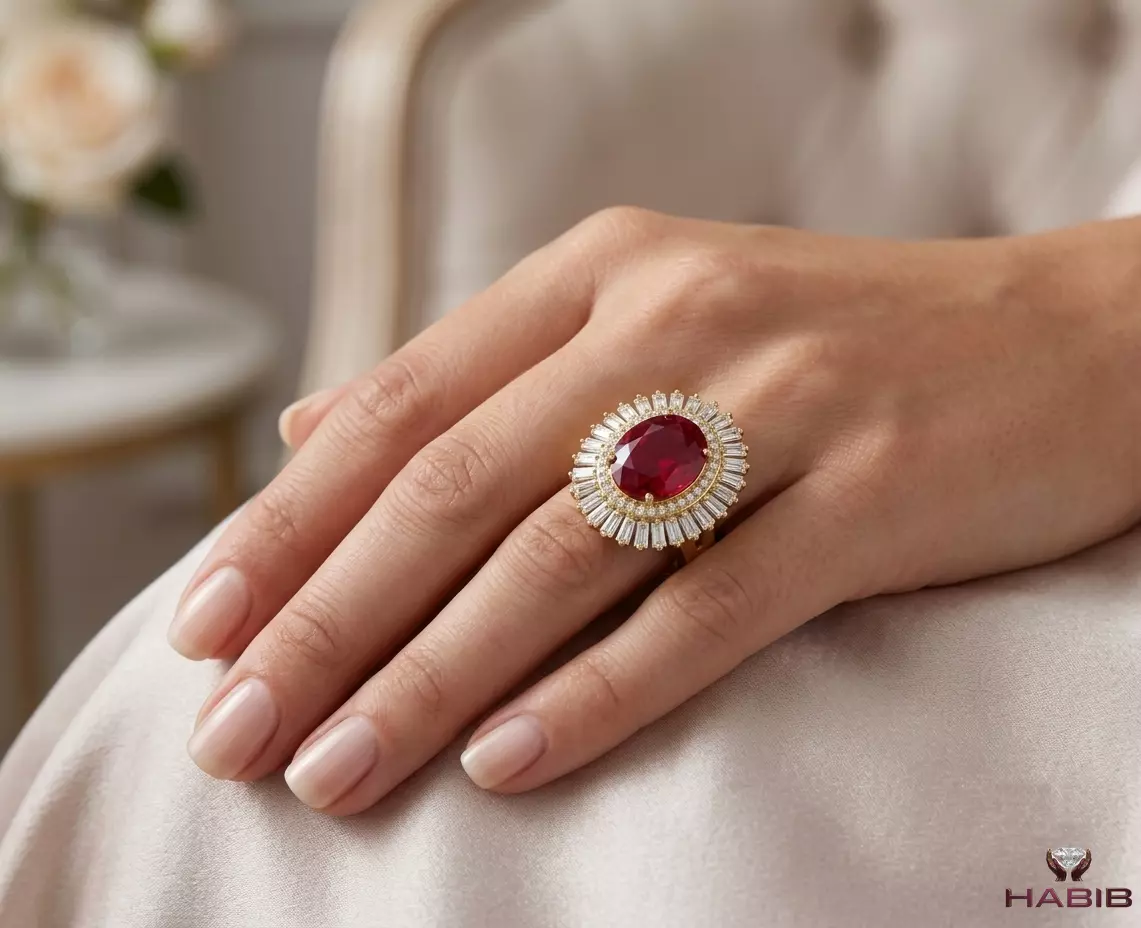 Luxury 18K Gold Ruby Diamond Halo Ring STL Printable 3D print model